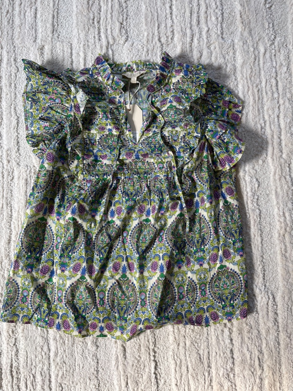 NWTS Farmers Market Ruffled Paisley Print Blouse in Green, Purple & Cream